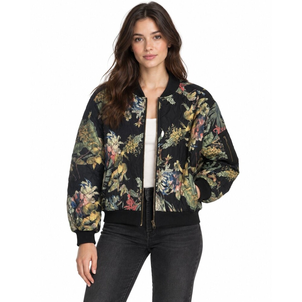 Veveret Bomber Jacket Women Large Floral Print Quilted Long Sleeve Colorful NWOT